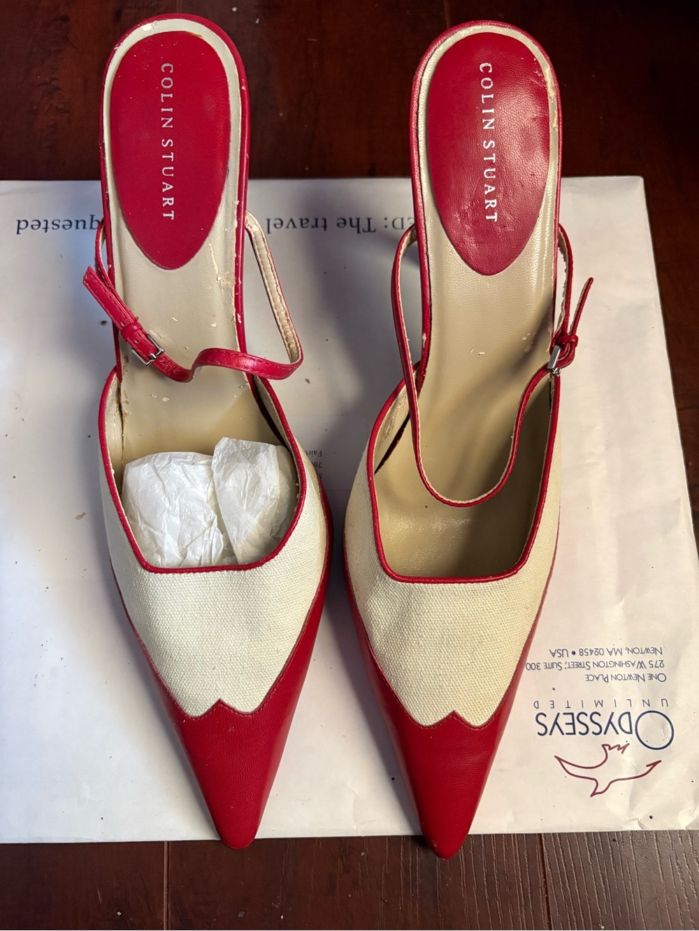 Colin Stuart Red and Cream Pointed Slingback Pumps